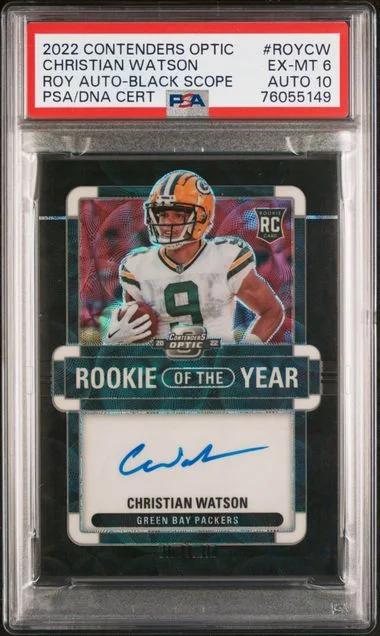 2022 Panini Contenders Optic Christian Watson Of The Year Contenders Autograph Black Scope #ROY-CW card image