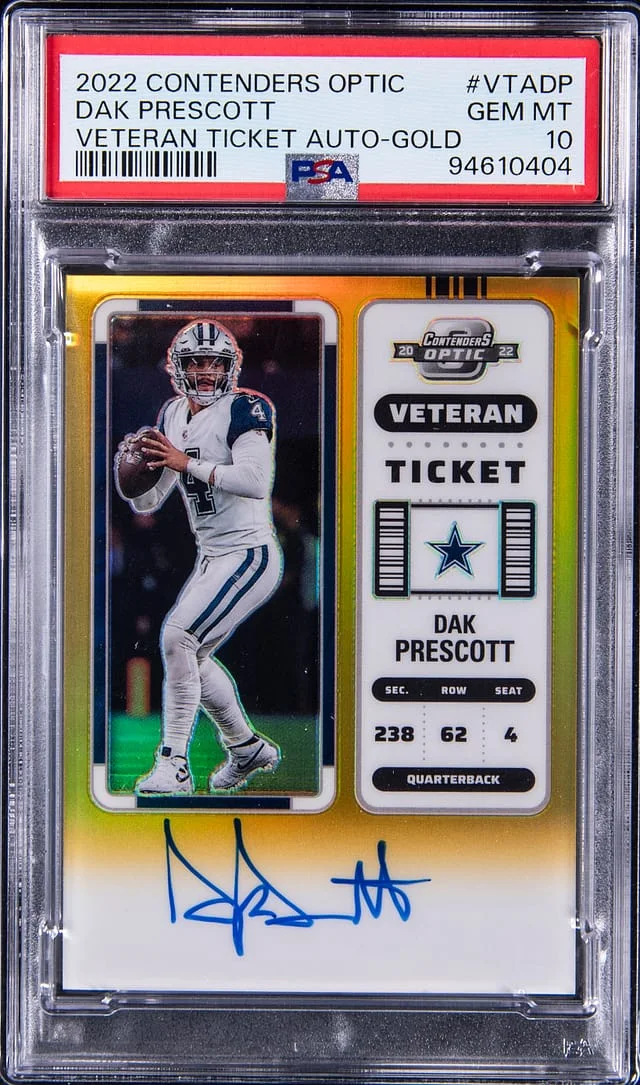 2022 Panini Contenders Optic Dak Prescott Veteran Ticker Autograph Gold #VTADP card image