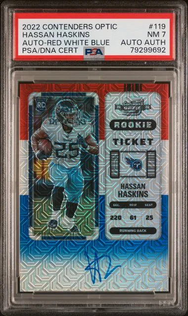 2022 Panini Contenders Optic Hassan Haskins Autograph Red/White/Blue Prizm #119 card image