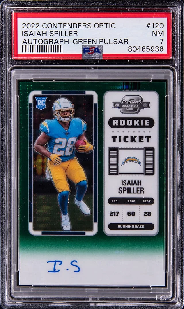 2022 Panini Contenders Optic Isaiah Spiller Autograph Green Pulsar #120 card image