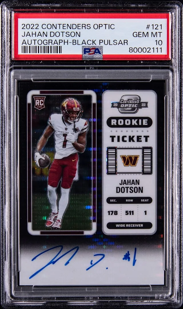 2022 Panini Contenders Optic Jahan Dotson Autograph Black Pulsar #121 card image