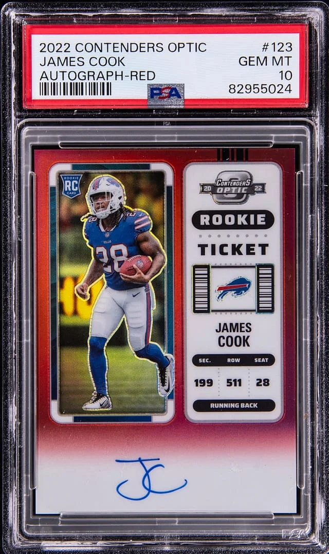 2022 Panini Contenders Optic James Cook Ticket Autograph Blue #123 card image