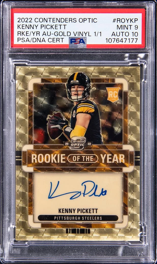 2022 Panini Contenders Optic Kenny Pickett of the Year Contenders Autographs Gold Vinyl #ROY-KP card image