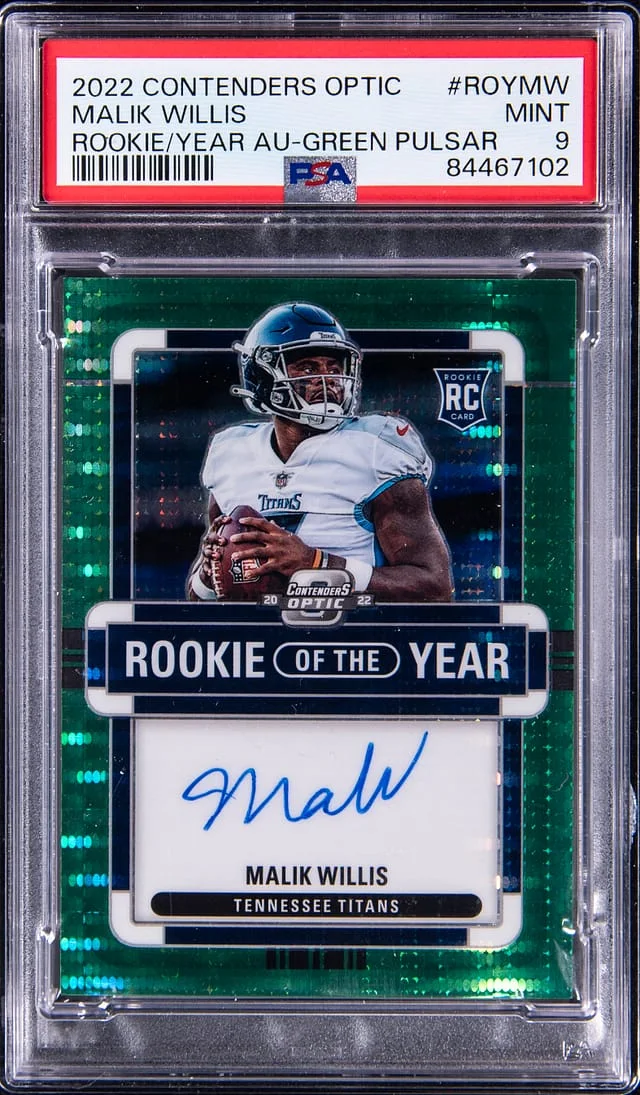 2022 Panini Contenders Optic Malik Willis (#45311) Of The Year Contenders Autographs Green Pulsar #ROYMW card image