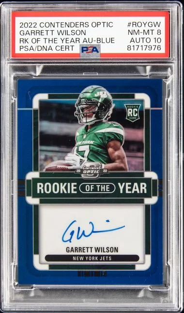 2022 Panini Contenders Optic Of The Year Contenders Autographs Blue Roygw Garrett Wilson #no-number card image