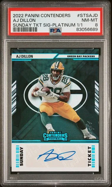 2022 Panini Contenders Stsajd Aj Dillon Sunday Ticket Signatures Platinum #1/1 card image