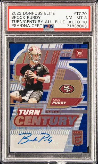2022 Panini Donruss Brock Purdy Elite Turn Of The Century Autographs Blue #Tc70 card image