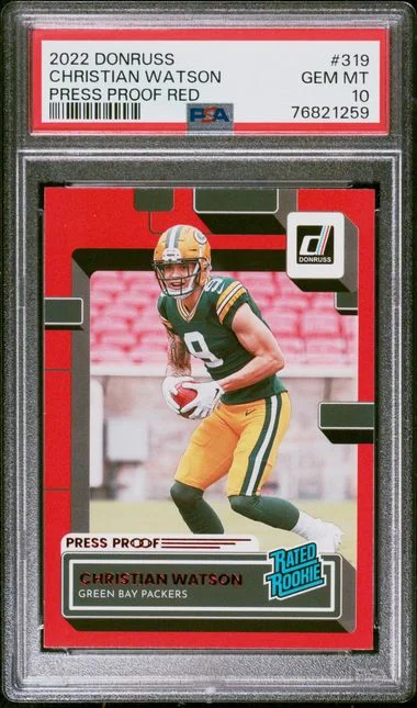 2022 Panini Donruss Christian Watson Press Proof Red Rated #319 card image