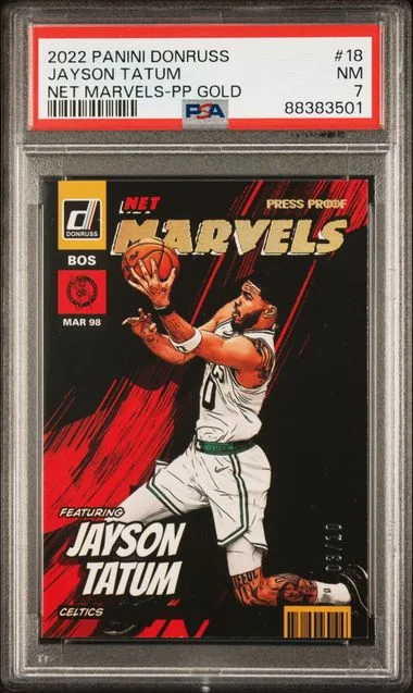 2022 Panini Donruss Jayson Tatum Net Marvels Press Proof Gold #18 card image