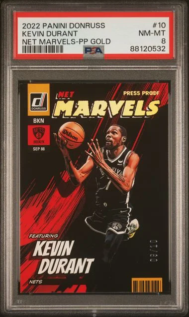 2022 Panini Donruss Kevin Durant Net Marvels Press Proof Gold #10 card image