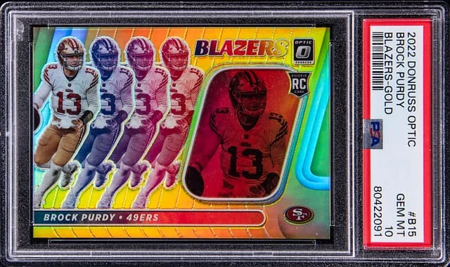 2022 Panini Donruss Optic Brock Purdy Blazers Gold Prizm #B15 card image