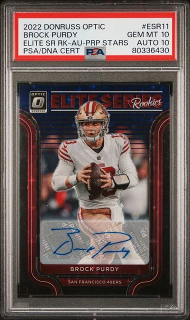 2022 Panini Donruss Optic Brock Purdy The Elite Series Rookies Autograph Purple Stars #ESR-11 card image