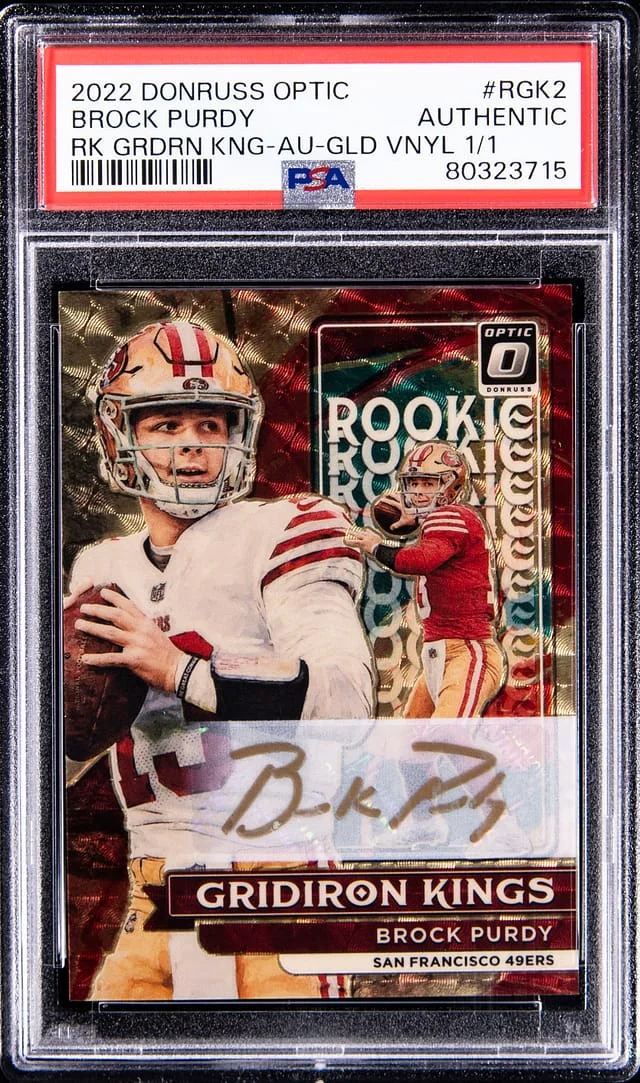2022 Panini Donruss Optic Brock Purdy Gridiron Kings Autograph Gold Vinyl #RGK-2 card image