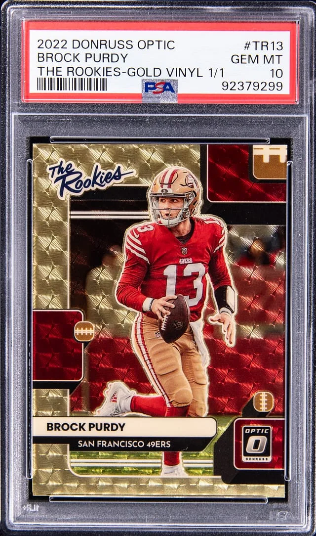 2022 Panini Donruss Optic Brock Purdy The Rookies Gold Vinyl Prizm #TR-13 card image