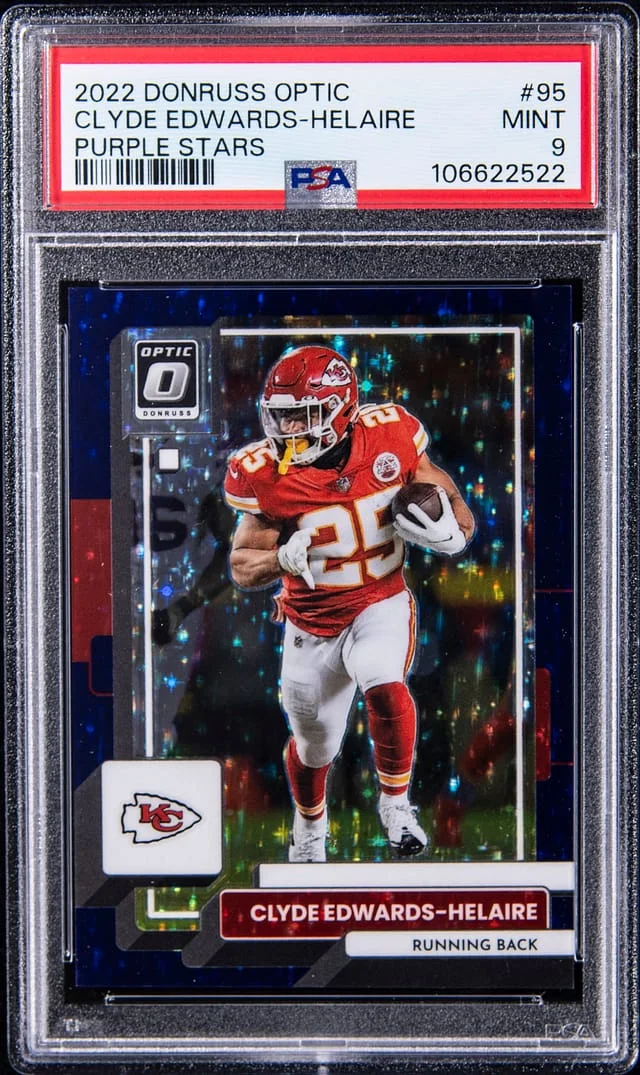 2022 Panini Donruss Optic Clyde Edwards-Helaire Purple Stars Prizm #95 card image