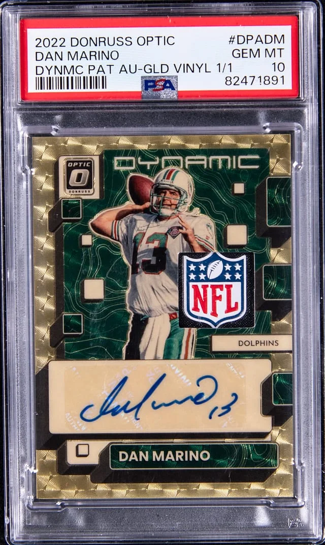 2022 Panini Donruss Optic Dan Marino Dynamic Patch Autographs Gold Vinyl Prizm #DPA-DM card image