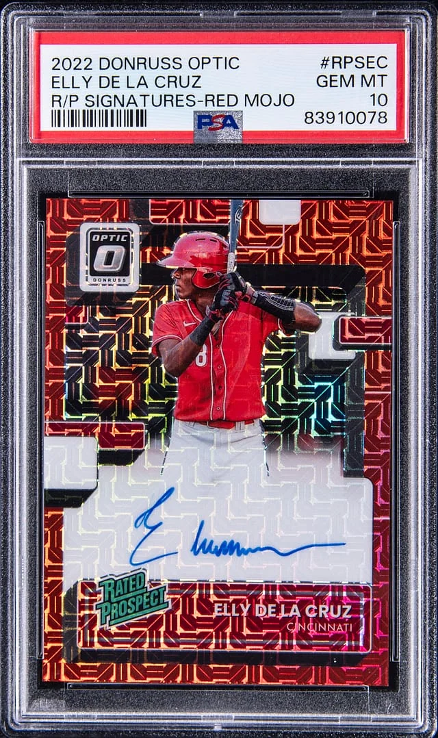 2022 Panini Donruss Optic Elly De La Cruz Rated Prospects Signatures Red Mojo #RPSEC card image