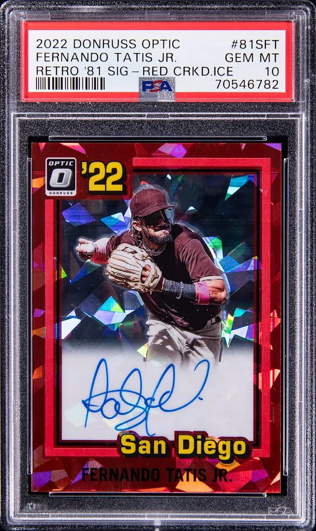 2022 Panini Donruss Optic Fernando Tatis Jr. Retro 1981 Signatures Red Cracked Ice #81SFT card image