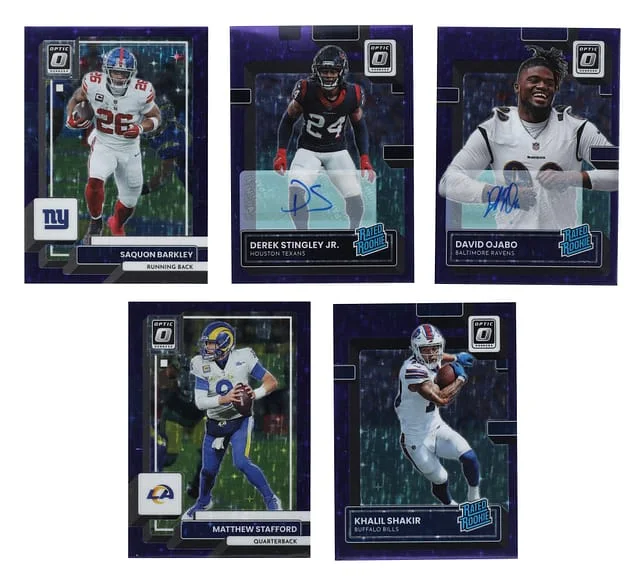 2022 Panini Donruss Optic First off the Line Purple Stars #115,#146,#244,#265,#294 David Ojabo, Derek Stingley Jr., Khalil Shakir, Mathew Stafford, Saquon Barkley #no-number card image