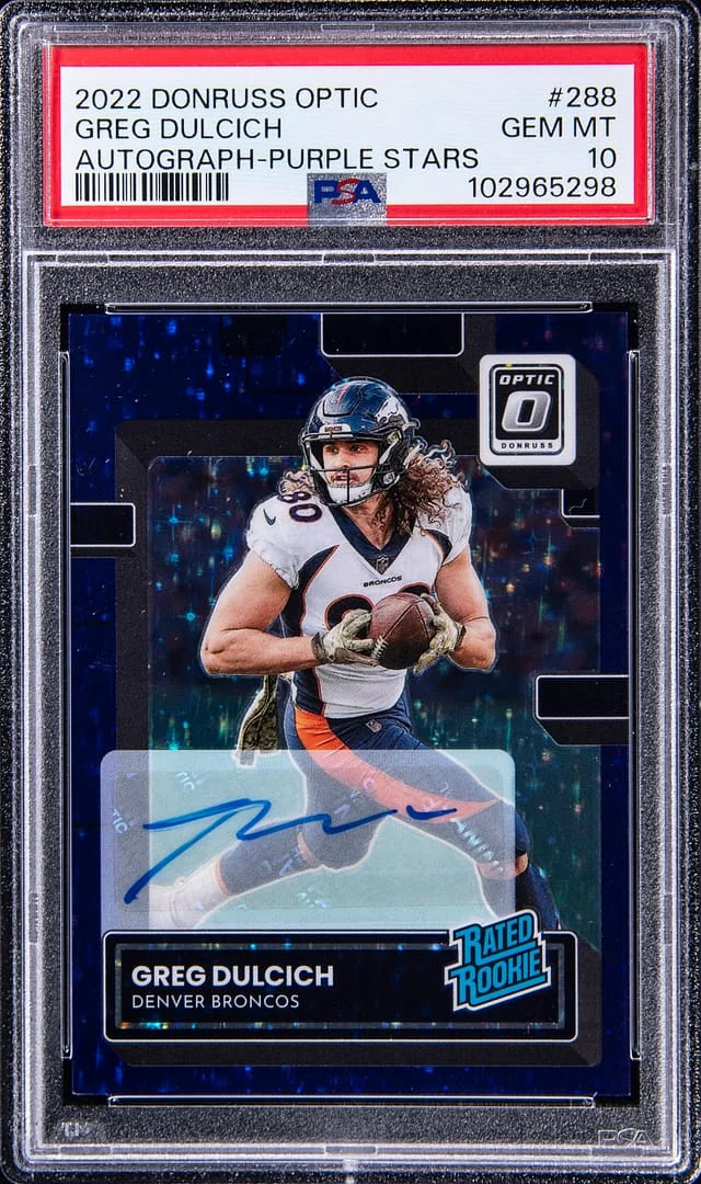 2022 Panini Donruss Optic Greg Dulcich Autograph Purple Stars #288 card image