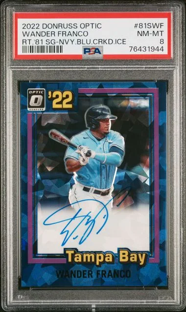 2022 Panini Donruss Optic Signatures Navy Blue Cracked Ice 81Swf Wander Franco Retro #1981 card image