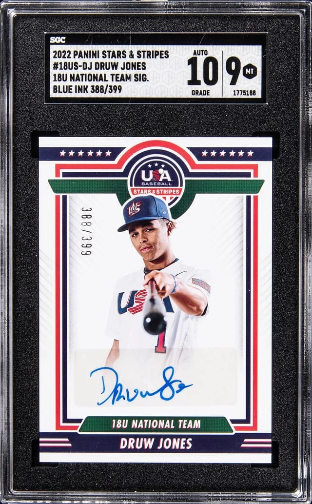 2022 Panini Druw Jones Stars and Stripes 18U National Team Signatures Blue Ink #18US-DJ card image