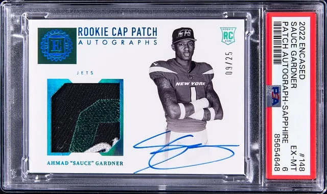 2022 Panini Encased Ahmad Sauce Gardner Cap Patch Autographs Sapphire #148 card image