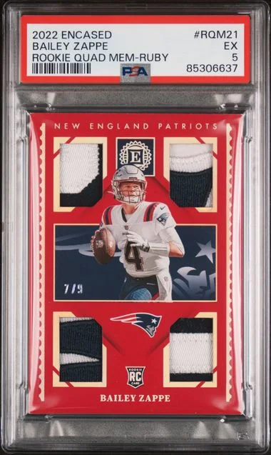 2022 Panini Encased Bailey Zappe Quad Memorabilia Ruby #RQM-21 card image