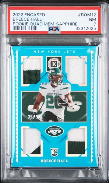 2022 Panini Encased Breece Hall Quad Memorabilia Sapphire #Rqm12 card image