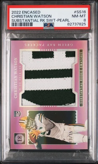 2022 Panini Encased Christian Watson Substantial Swatches Pearl #Ss16 card image