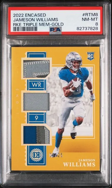 2022 Panini Encased Jameson Williams Triple Memorabilia Gold #Rtm8 card image