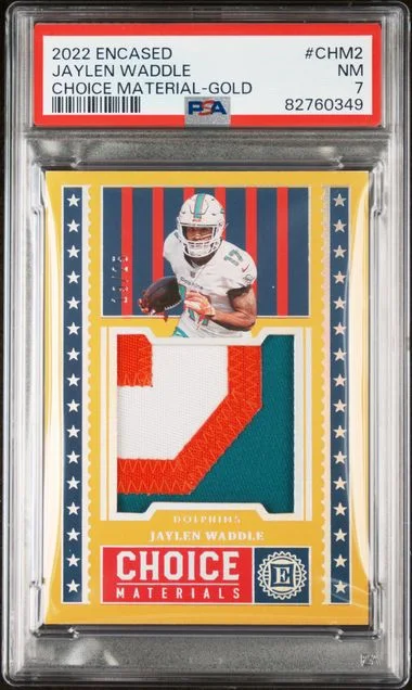 2022 Panini Encased Jaylen Waddle Choice Materials Gold #Chm2 card image