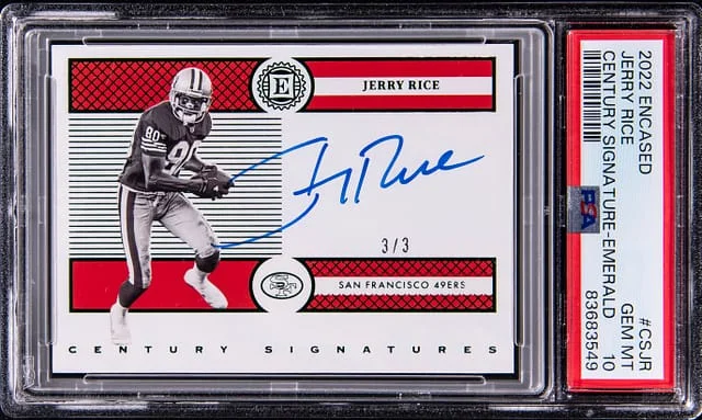 2022 Panini Encased Jerry Rice Century Signature Emerald #CS-JR card image