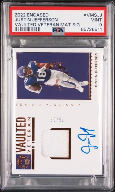 2022 Panini Encased Justin Jefferson Vaulted Veteran Material Signatures #VMS-JJ card image