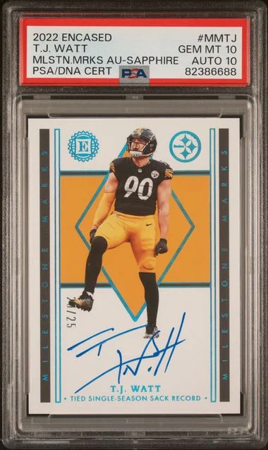 2022 Panini Encased Tj Watt Milestone Marks Autographs Sapphire #MMTJ card image