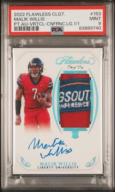 2022 Panini Flawless 153 Malik Willis Collegiate Patch Autographs-Vertical-Conference Logo #1/1 card image