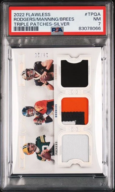 2022 Panini Flawless Aaron Rodgers/Drew Brees/Peyton Manning Triple Patches Silver #TPQA card image