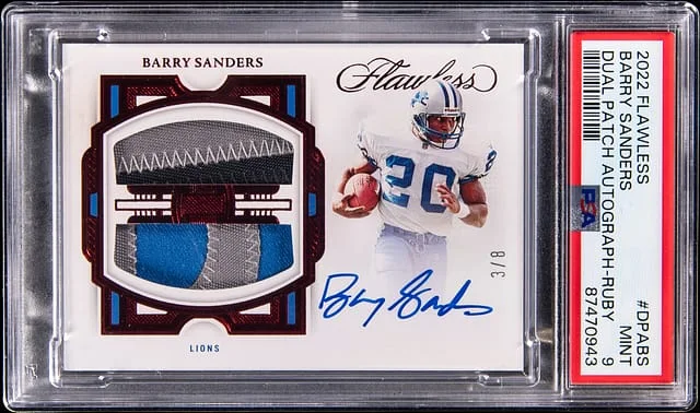 2022 Panini Flawless Barry Sanders Dual Patch Autograph Ruby #DPA-BS card image