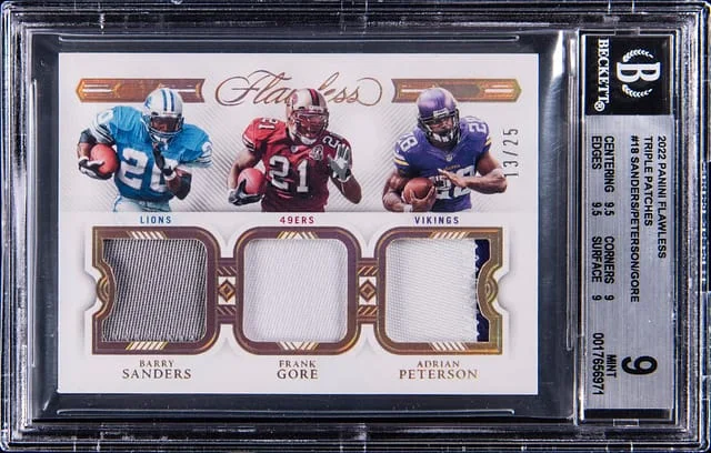 2022 Panini Flawless Barry Sanders/Frank Gore/Adrian Peterson Triple Patches #TP-RU card image