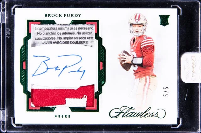 2022 Panini Flawless Brock Purdy Dual Patch Autographs Emerald #RDP-BP card image