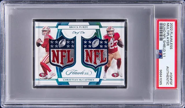 2022 Panini Flawless Brock Purdy/Christian McCaffrey/Deebo Samuel/George Kittle Quad NFL Shield #QNF-SF card image