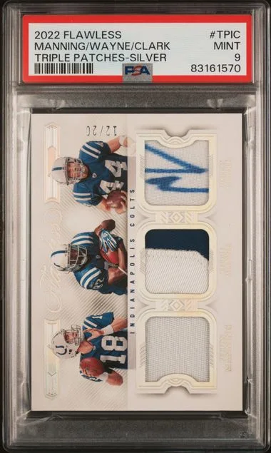 2022 Panini Flawless Dallas Clark/Peyton Manning/Reggie Wayne Triple Patches Silver #TPIC card image