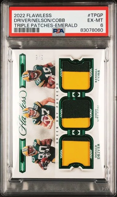 2022 Panini Flawless Donald Driver/Jordy Nelson/Randall Cobb Triple Patches Emerald #TPGP card image