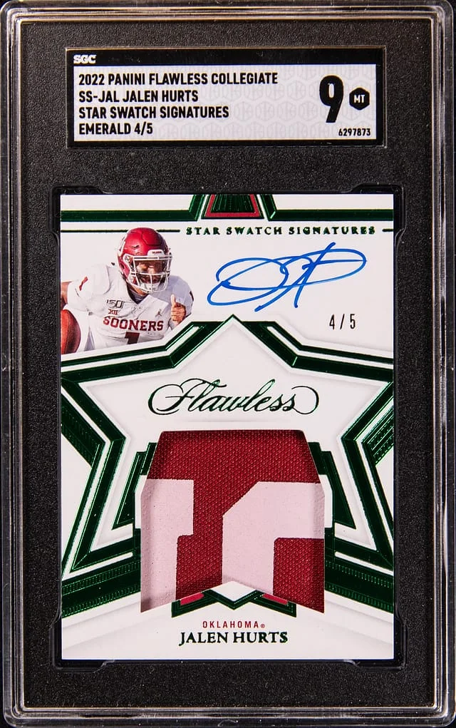 2022 Panini Flawless Jalen Hurts Collegiate Star Swatch Signatures Emerald #SS-JAL card image