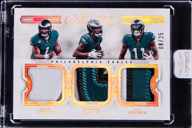 2022 Panini Flawless Jalen Hurts/DeVonta Smith/A.J. Brown Triple Patches #TP-PE card image