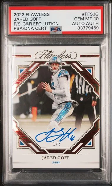 2022 Panini Flawless Jared Goff Flawless Frame Signatures Gold & Ruby Efoilution #FFS-JG card image
