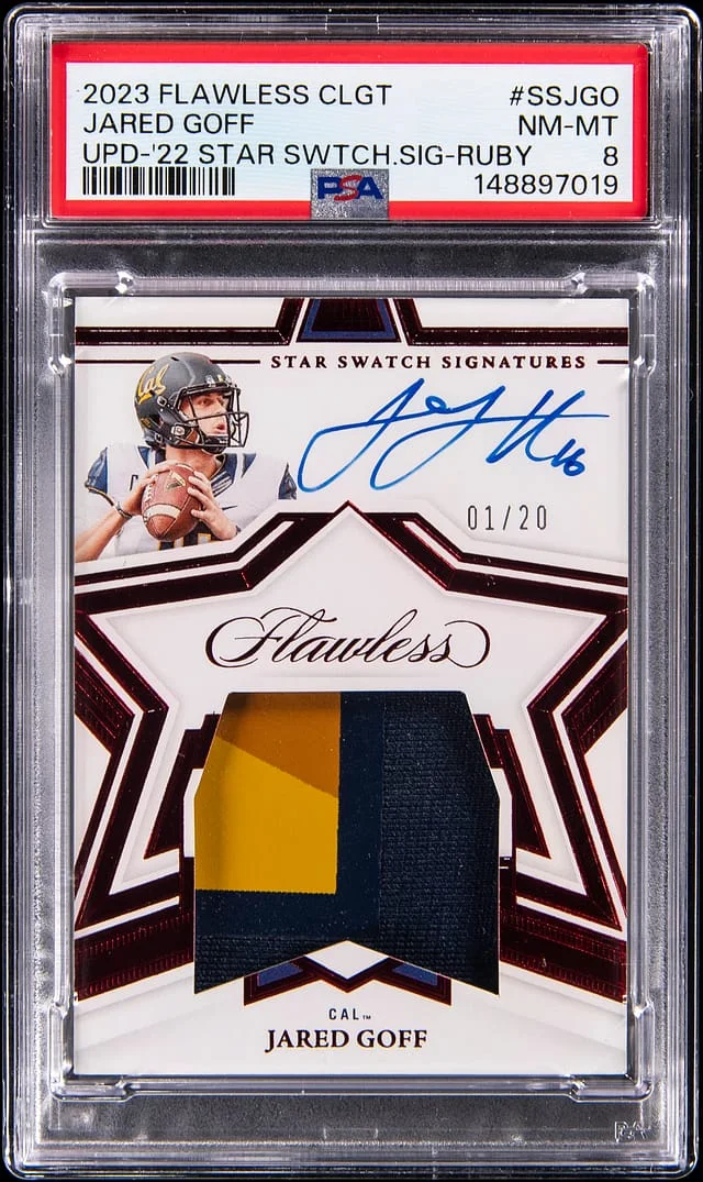 2022 Panini Flawless Jared Goff Collegiate Update 2022 Star Swatches Signatures Ruby #SS-JGO card image