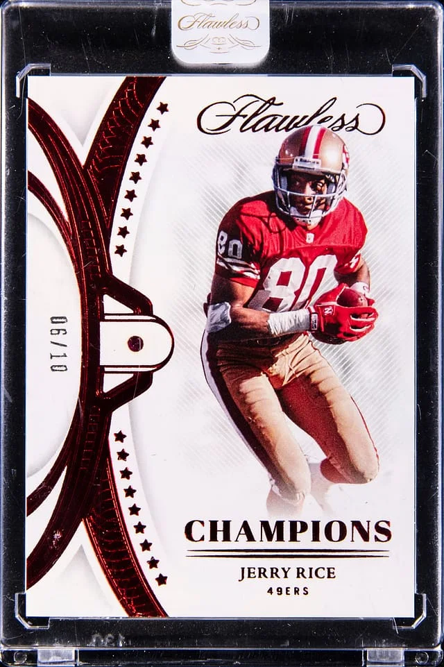 2022 Panini Flawless Jerry Rice Relice Card - Panini Encased Champions Ruby #SBC-7 card image