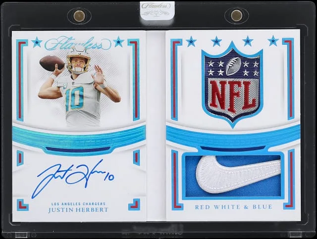2022 Panini Flawless Justin Herbert Red, White & Blue Booklet Autographs #RWBA-JH card image