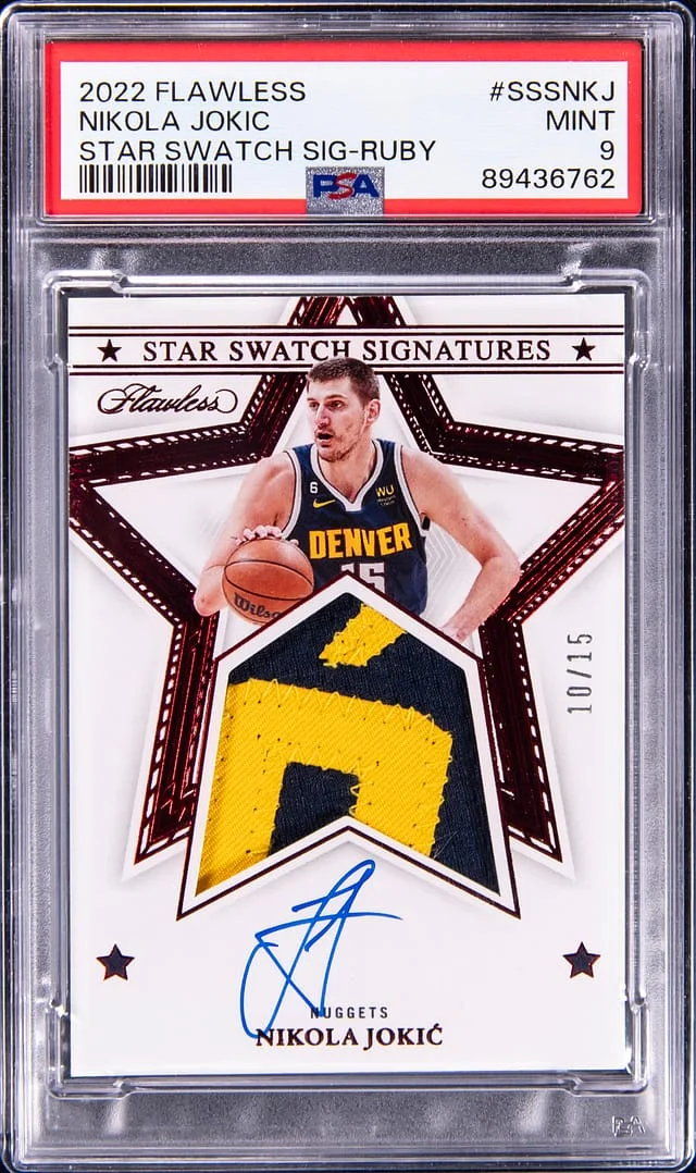 2022 Panini Flawless Nikola Jokic Star Swatch Signature Ruby #SSSNKJ card image